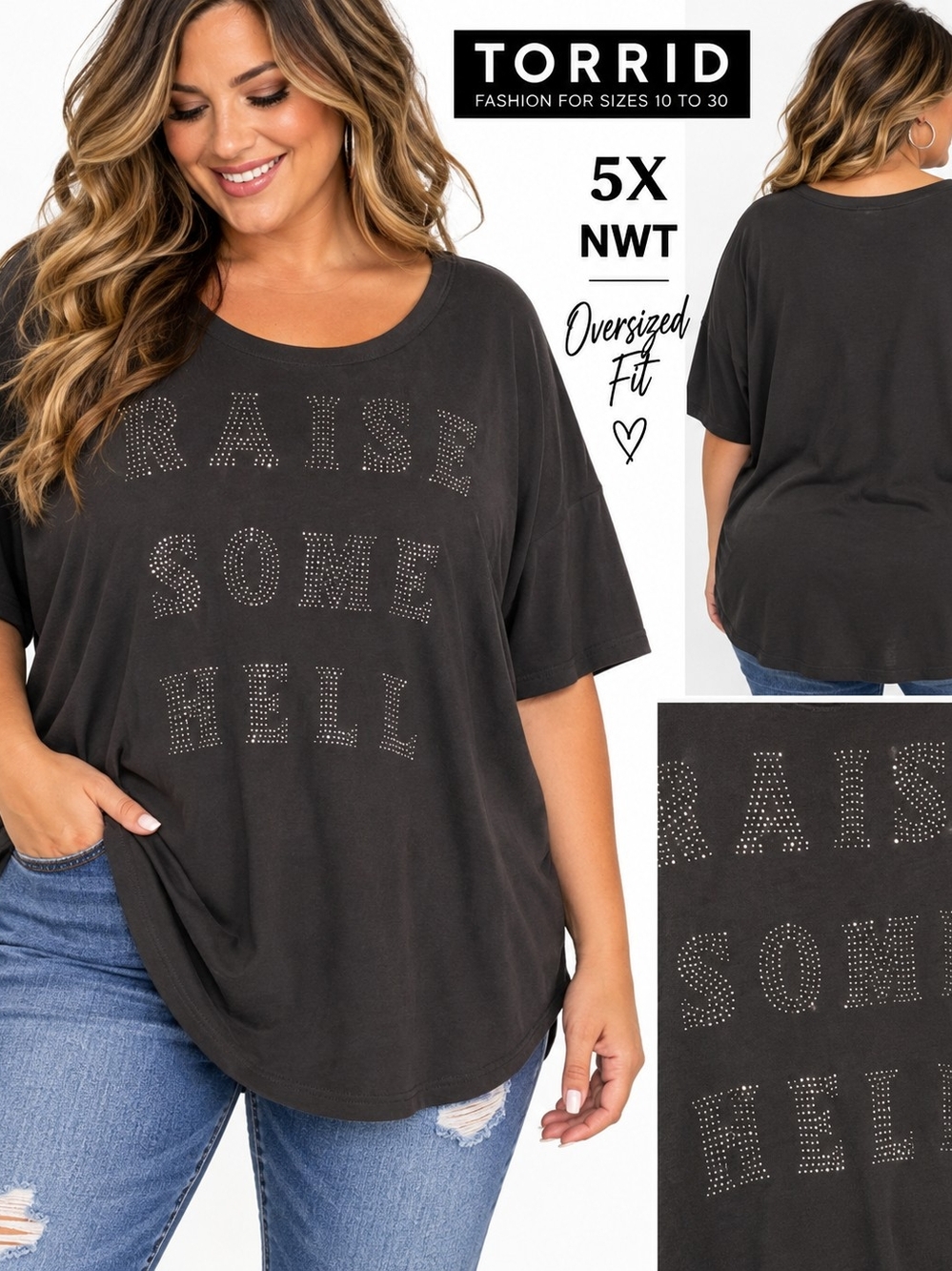torrid Black Studded "Raise Some Hell" Oversized Tee - 5X